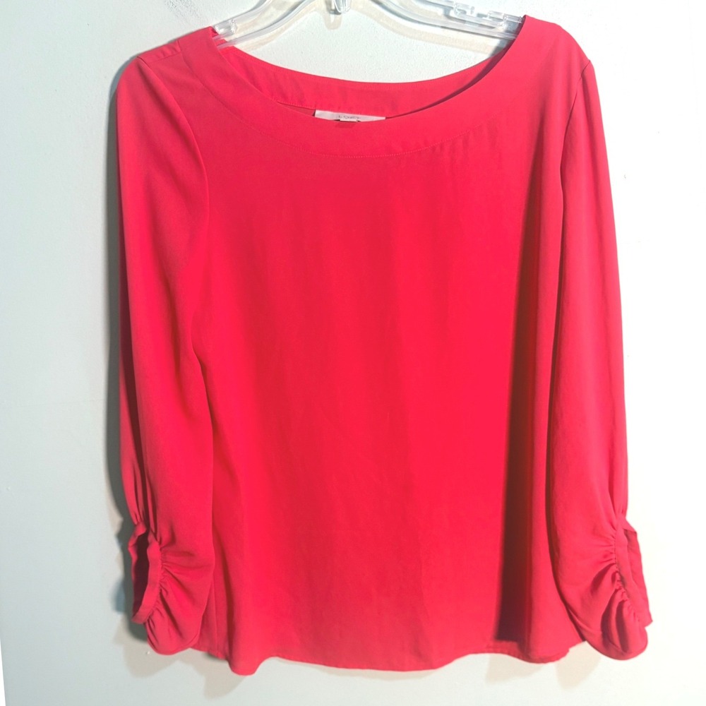 Loft Blouse Womens Small Pink Excellent Boatneck Ruched Long Sleeve Crepe Top